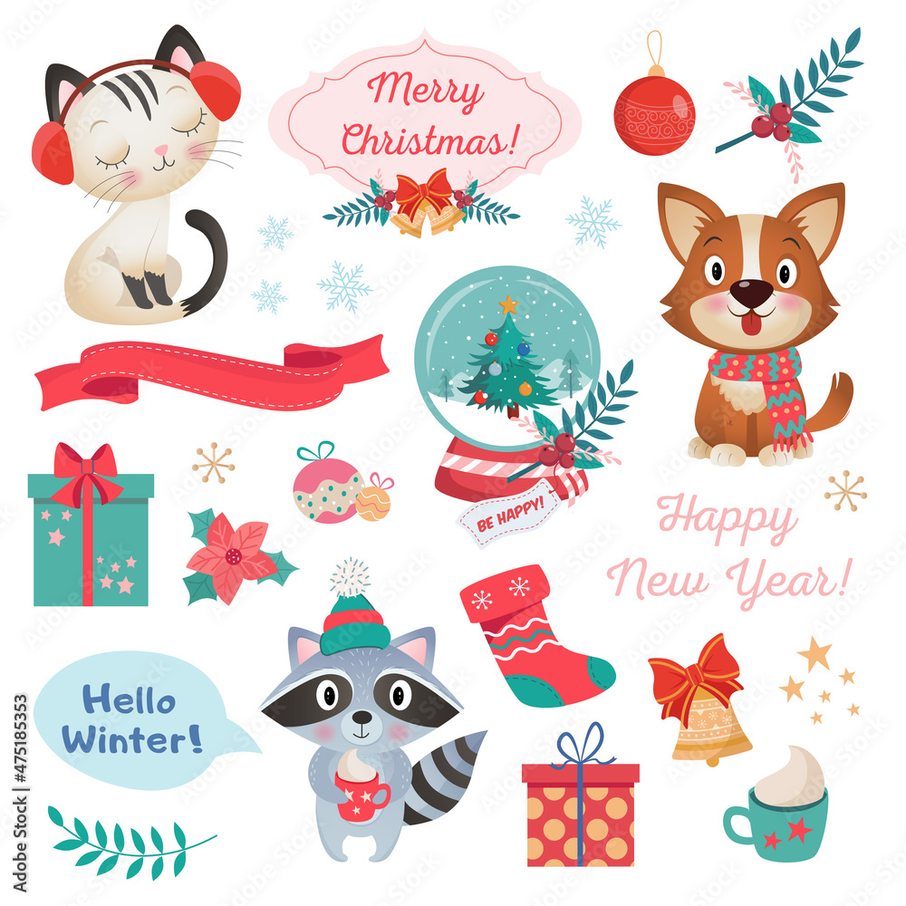 Fototapeta premium Colorful set of different Cristmas and Happy new year decoration, cute amimals on Background