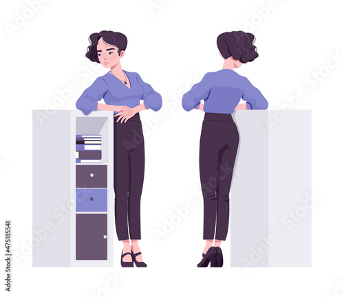 Office girl, modern woman sadly leaning against bookcase. Female secretary business lady, manager in formal clothes. Vector flat style cartoon illustration isolated, white background, front, rear view
