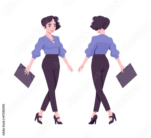Office girl, modern woman walking with document file. Beautiful female secretary, business lady, manager formal clothes. Vector flat style cartoon illustration isolated, white background, front, rear
