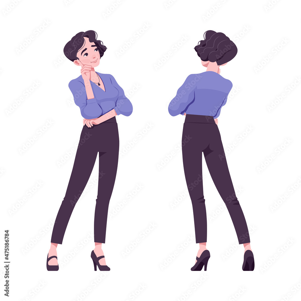 Office girl, modern woman standing in pensive pose. Beautiful female secretary business manager in formal clothes. Vector flat style cartoon illustration isolated on white background, front, rear view Office girl, modern woman standing in pensive pose. Beautiful female secretary business manager in formal clothes. Vector flat style cartoon illustration isolated on white background, front, rear view