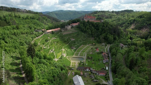 historical old castle Pernstejn Czech rpeublic Pernštejn and newly reapaired castle gardens-Vrchnostenka okrasna zahrada photo