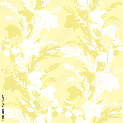 Botanical pattern with yellow silhouettes of eustoma flowers. Seamless print for women summer dresses textile and surface design