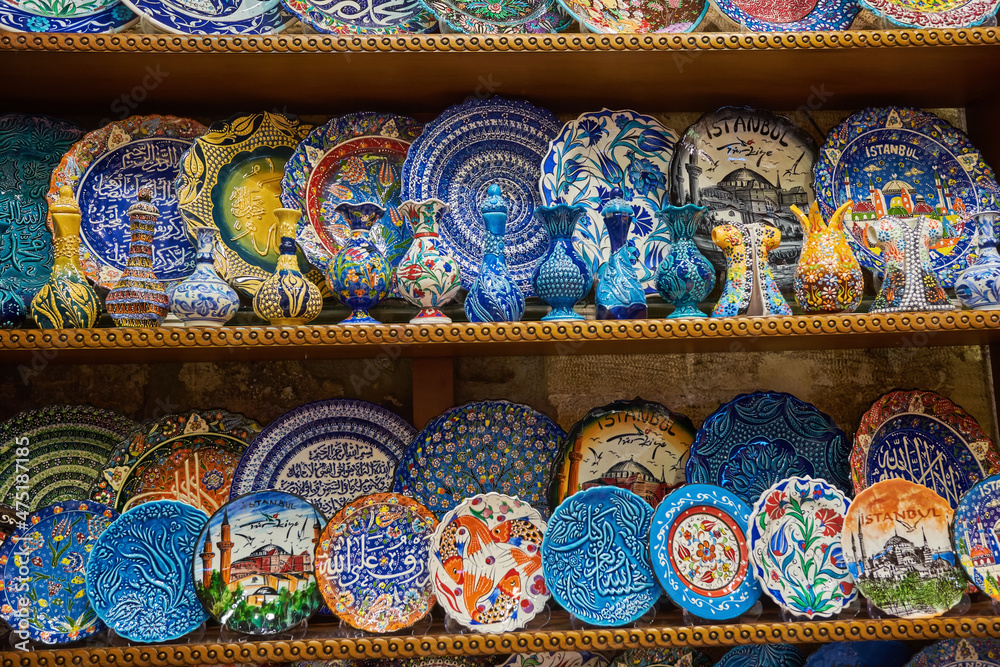 Collection of turkish ceramics on sale at the Grand Bazaar in Istanbul, Turkey.