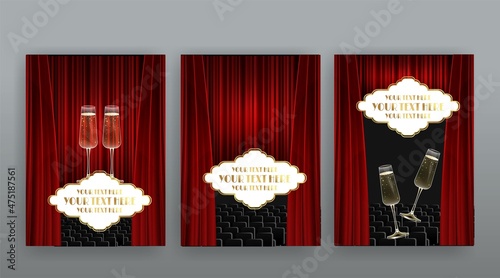 Music Festival night show poster, Cinema and Theatre hall with seats velvet curtains. Shining light bulbs vintage and luxury flyer, glowing spotlights vintage
