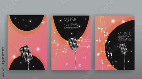 Music Festival night show poster, Cinema and Theatre hall with seats velvet curtains. Shining light bulbs vintage and luxury flyer, glowing spotlights vintage