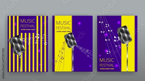 Music Festival night show poster, Cinema and Theatre hall with seats velvet curtains. Shining light bulbs vintage and luxury flyer, glowing spotlights vintage