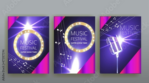 Music Festival night show poster, Cinema and Theatre hall with seats velvet curtains. Shining light bulbs vintage and luxury flyer, glowing spotlights vintage