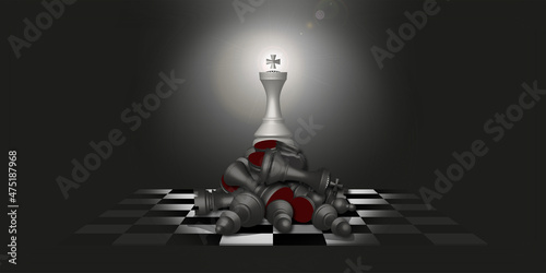 Fotografie, Obraz knocked down and defeated black chess pieces and a white king piece on top of al
