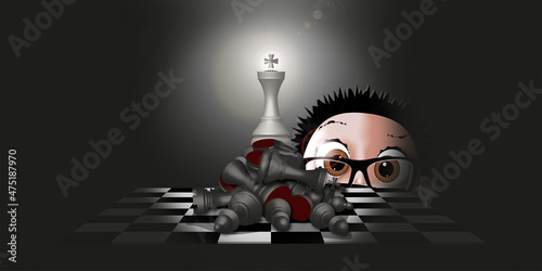 knocked down and defeated black chess pieces and a white king piece on top of al Fototapete
