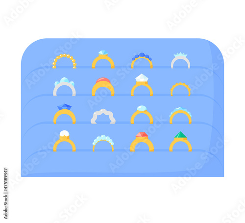 Rings collection. Gold or silver accessories with gemstones, diamonds, precious stone. Jewellery organizer or storage. Flat vector