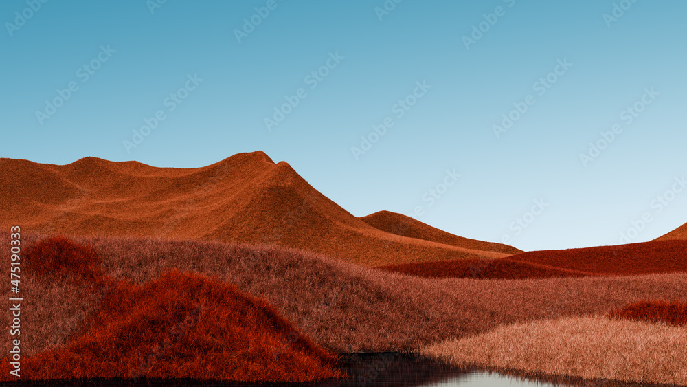 Surreal mountains landscape with red and orange peaks and teal sky. Minimal modern abstract background. Shaggy surface with a slight noise. 3d rendering