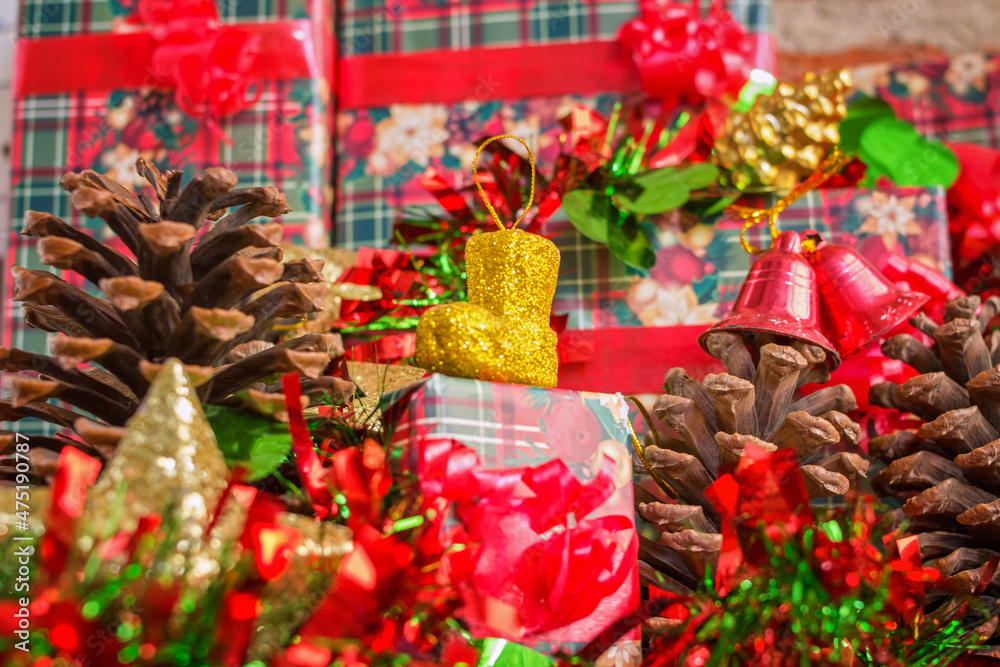 gifts, pinecones and Christmas decorations