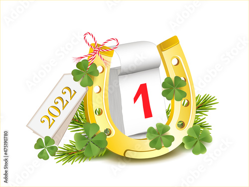 Karte mit Hufeisen und Kärtchen mit 2022, Kalender 1. Januar, Kleeblätter und Tannenzweige,
Silvester und Glücksbringer Karte,
Vektor Illustration isoliert auf weißem Hintergrund
