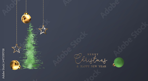 Merry Christmas Happy New Year background. Abstract green gold Xmas tree, hanging Xmas balls baubles, stars over dark blue. Elegant business corporate Xmas New Year greeting card. 3D illustration