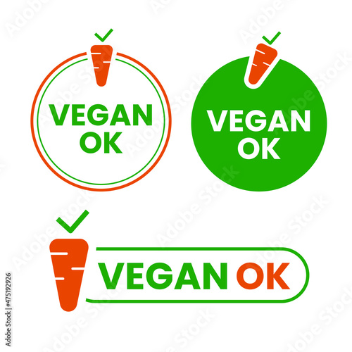VEGAN OK labels set. Vector illustration for vegan certificate products. Isolated elements on white background. Editable colors.