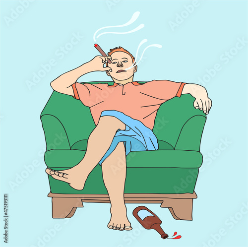 Feeling unwell after tobacco and alcohol drinking. A man with a hangover melancholy. Illustration