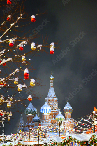 New Year's Moscow Kremlin on the decorated Red Square. St. Basil's Cathedral or St. Basil's Cathedral or Pokrovsky Cathedral.