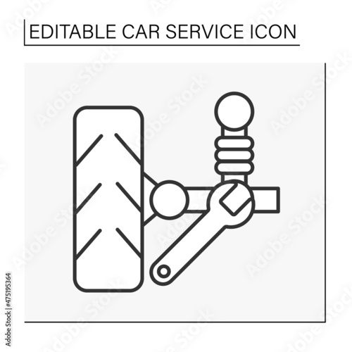  Suspension repair line icon.Replacement of springs, clamps, wishbones, dampers, and links, for safe driving.Car service concept. Isolated vector illustration. Editable stroke