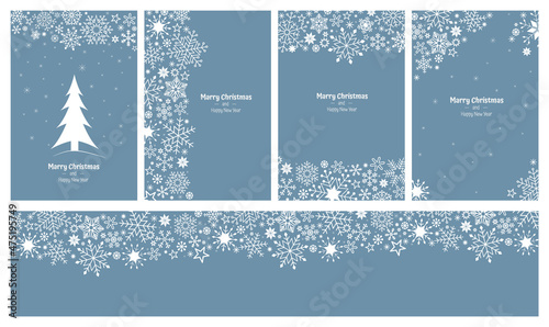 Set of isolated greeting winter holidays cards. White snowflakes, stars and New Year tree at background. Beautiful Christmas card 2022. Xmas greeting or invitation. Stock vector.