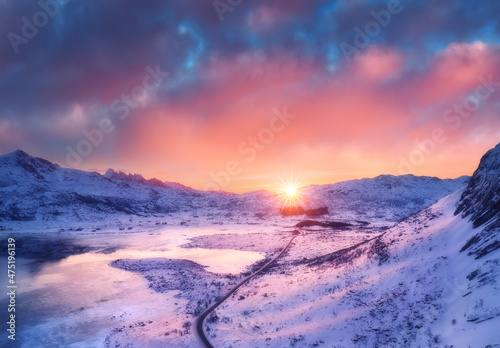 Aerial view of road, frozen...