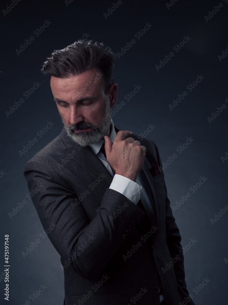 Portrait of a stylish elegant senior businessman with a beard and casual business clothes in photo studio isolated on dark background gesturing with hands Portrait of a stylish elegant senior businessman with a beard and casual business clothes in photo studio isolated on dark background gesturing with hands