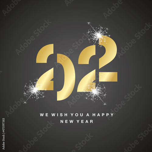 New Year 2022 modern black cut of design golden typography sign logo icon shiny sparkle firework black background greeting card