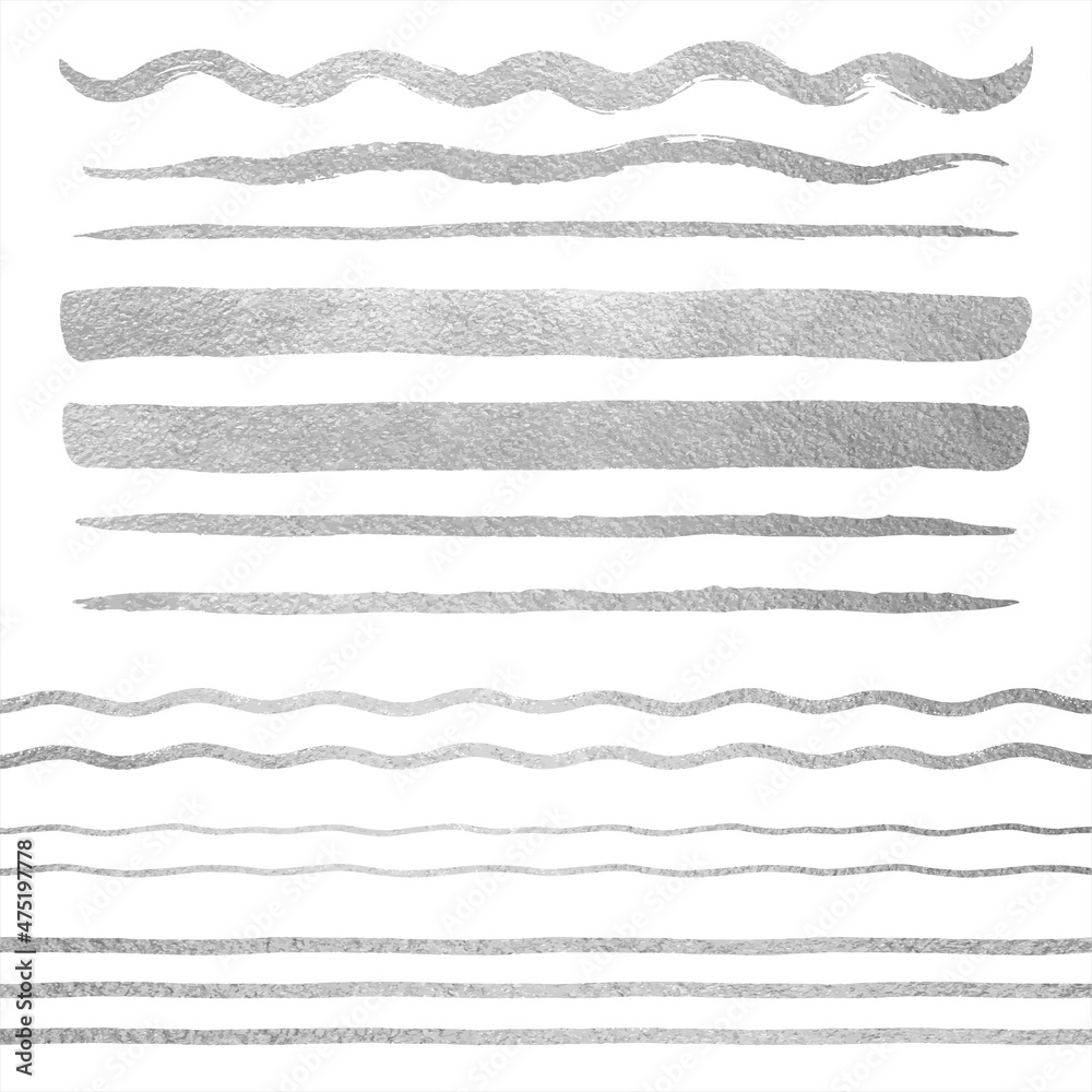 Silver, metal foil vector lines, uneven streaks, stripes, long brushstrokes set. Hand drawn grey, gray, steel textured brush strokes, graphic design elements. Border, frame template, text background.
