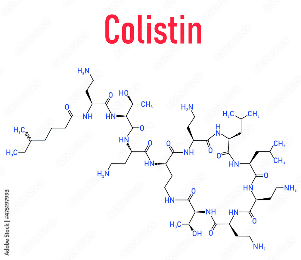 Colistin antibiotic drug molecule. Skeletal formula.