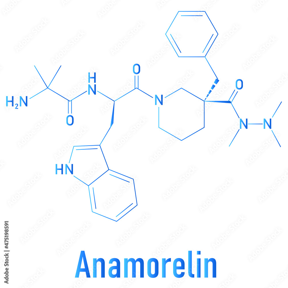 Anamorelin cancer cachexia and anorexia drug molecule. Skeletal formula.