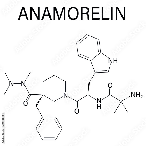 Anamorelin cancer cachexia and anorexia drug molecule. Skeletal formula. photo