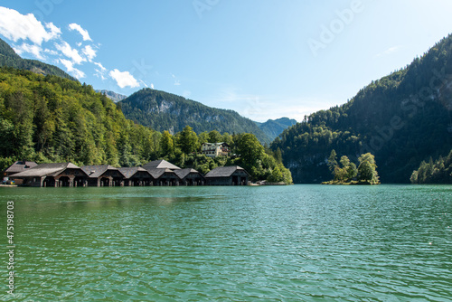 Bild auf Leinwand Boathouses at Lake Koenigssee in Schoenau in Bavaria