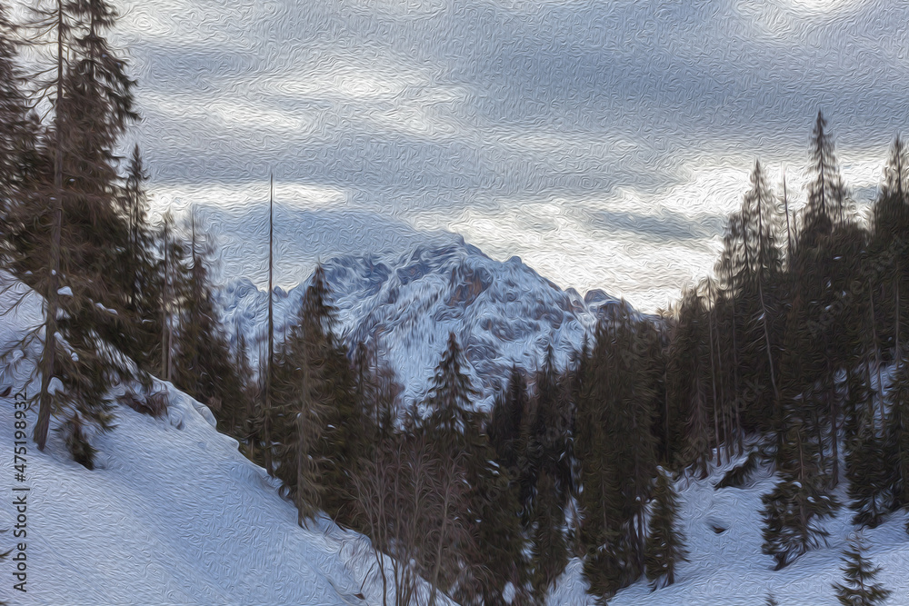 Illustration with oil painting technique of north east face of Mount Civetta and larch forest in winter conditions. Selva di Cadore, Dolomites, Italy