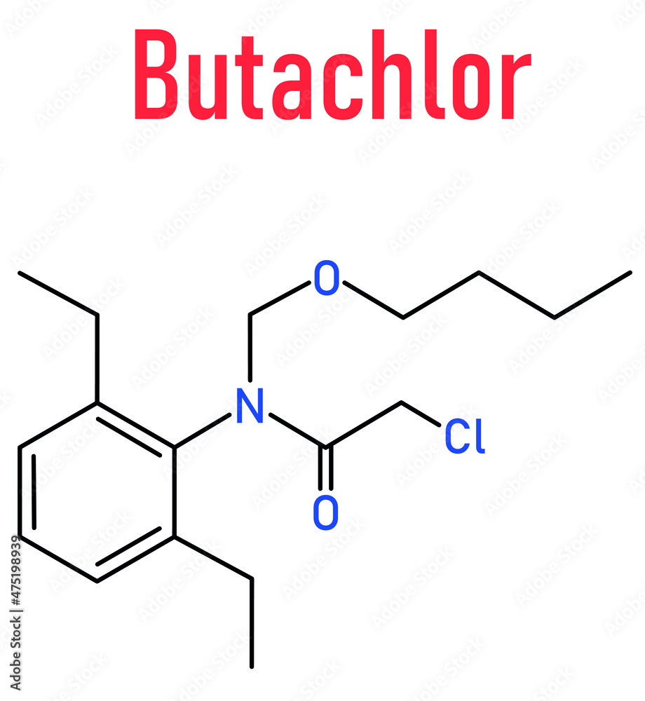 Butachlor herbicide molecule. Skeletal formula. Butachlor herbicide molecule. Skeletal formula.