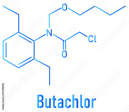 Butachlor herbicide molecule. Skeletal formula.