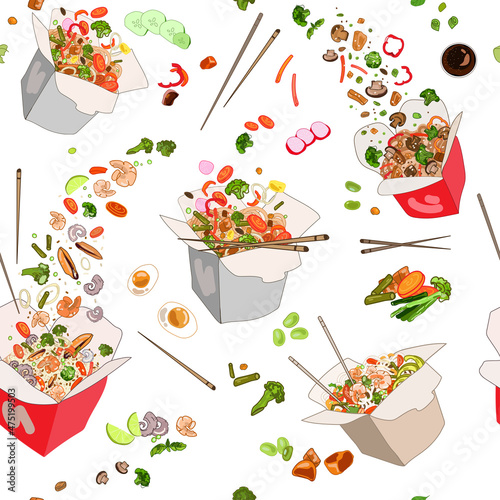 Chinese food in boxes seamless pattern on a white background. Carton food boxes with noodles, rice, vegetables, seafood and meat, different fillings.Traditional Asian food.Vector food background