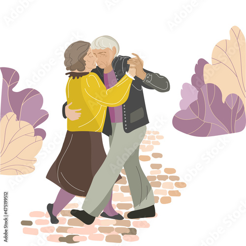 Active old couple dancing in the park vector illustration. Happy elderly woman and man walking and dancing embracing.Vector illustration