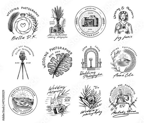 Wedding photographer badges or logos. Photo camera for the holiday. Photography Community. Templates for Retro Studio, vintage store or shop. Hand drawn sketch for postcard, banners. 