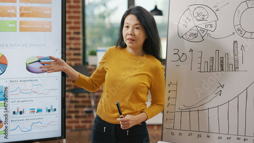 Asian woman explaining graphs on business presentation, sharing research information to help with financial developemnt. Team of employees working together to plan organization growth. photo