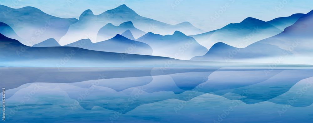 Obraz premium Watercolor art background with mountains and hills in cold blue tones. Landscape north banner for interior design, wallpaper, print