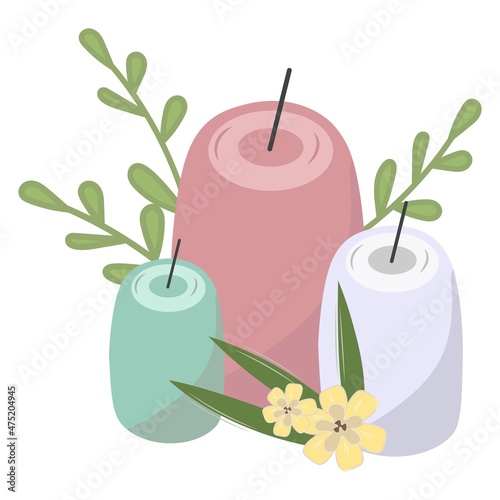 Set of fragrant vanilla candles. Three candles are decorated with green sprigs and vanilla flowers. Pink, green, blue paraffin or wax. For relaxation spa intimacy romance. Isolated vector flat design.