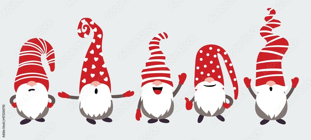 Christmas gnomes vector illustration on gray background. Simple style. - obrazy, fototapety, plakaty 