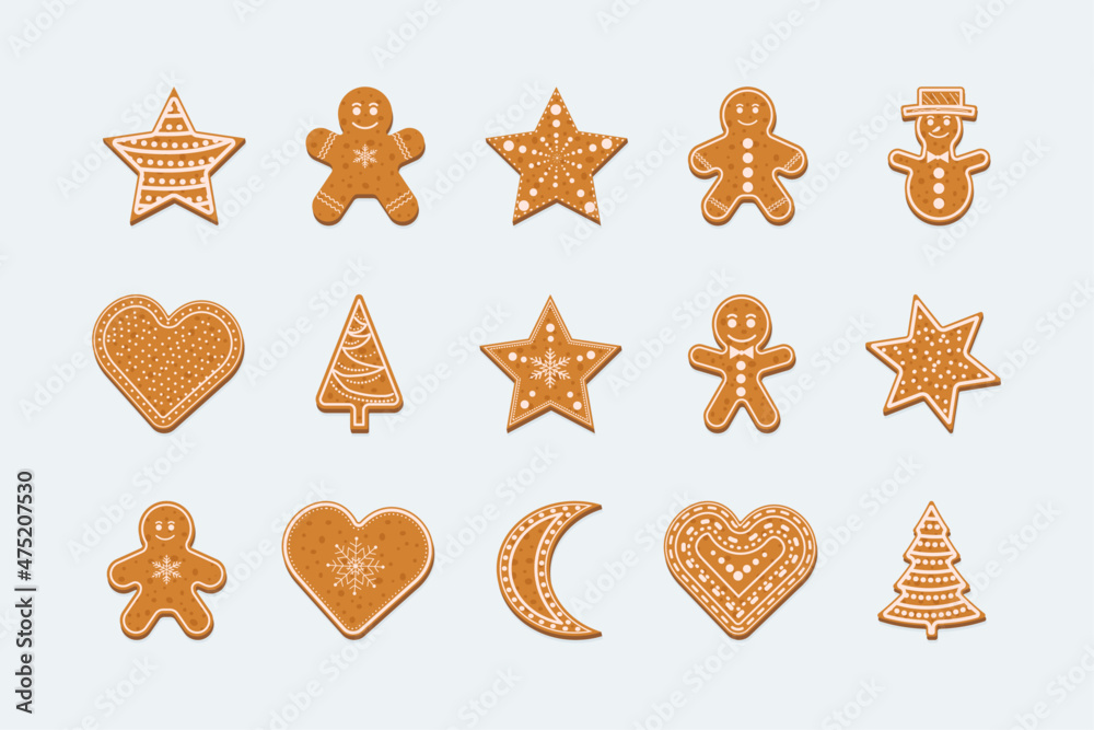 Gingerbread  set. Ginger cookie isolated on white background. Christmas gingerbread figures cover by icing-sugar.  Vector illustration. - obrazy, fototapety, plakaty 
