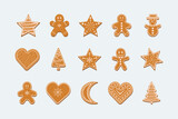 Gingerbread set. Ginger cookie isolated on white background. Christmas gingerbread figures cover by icing-sugar. Vector illustration.