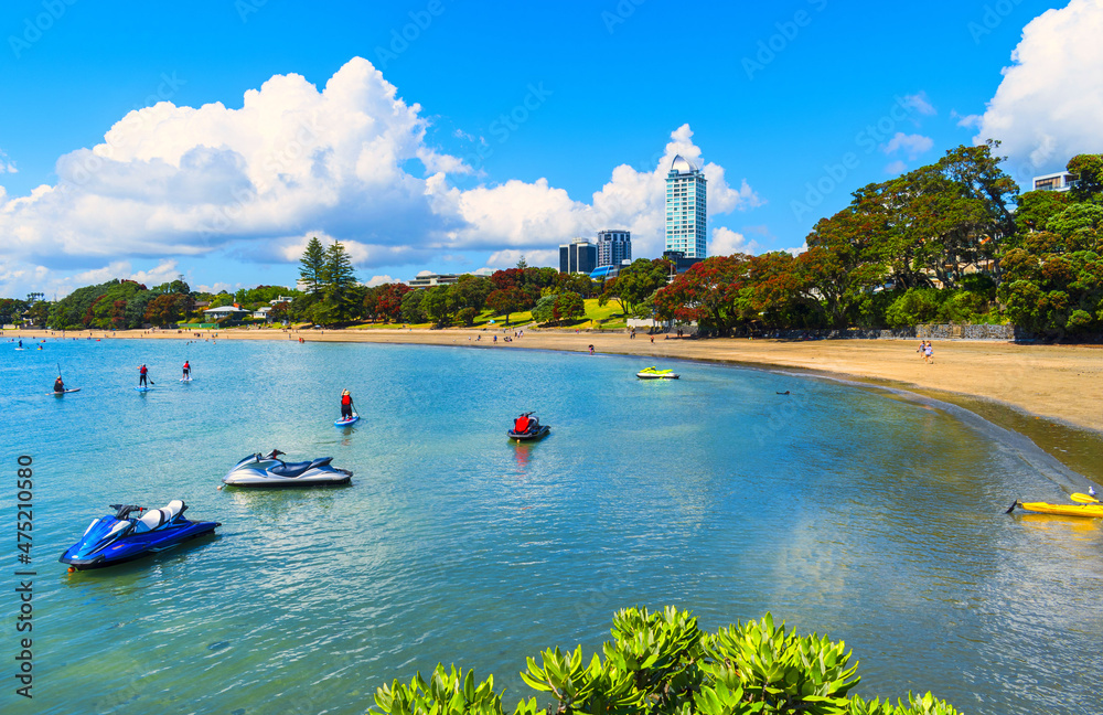 Water Sports at Takapuna Beach Auckland, New Zealand; Calm Sea During High Tide in the Morning