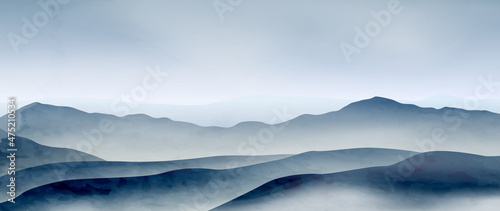 Watercolor art background with mountains and hills in the fog in cold blue tones. Landscape banner in oriental style for wallpaper, interior design, print