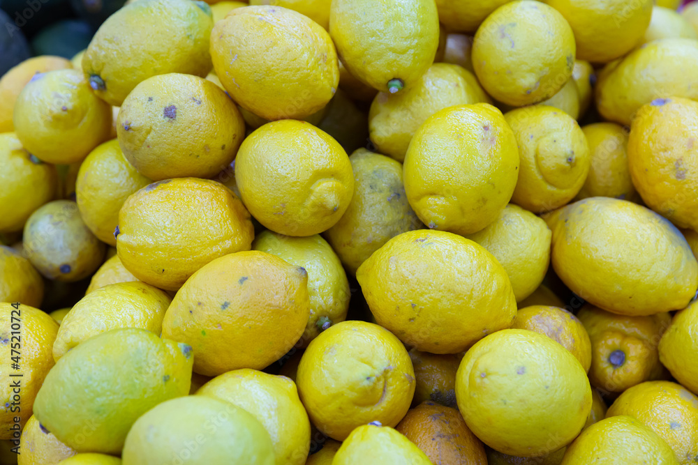 Closeup of fresh yellow lemons on the farmer's market counter, fruit background
