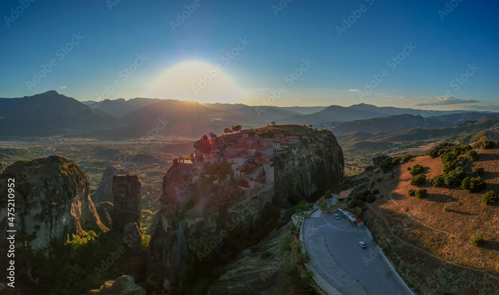 Aerial view over Meteora, a rock formation in central Greece hosting one of the largest most precipitously built complexes of Eastern Orthodox monasteries. Kalampaka, Greece, Europe