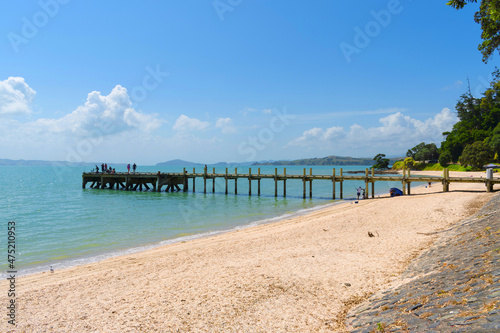Small Wharf at Magazine Bay Beach, Maraetai, Auckland New Zealand; Panoramic View during Low Tide; Fishing Spot
