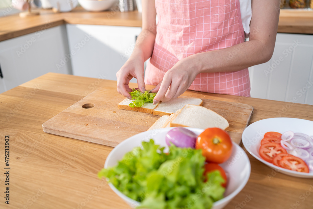 Close up of attractive woman making sandwich for breakfast in morning. 