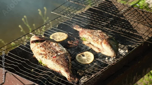 Sea bass or grouper fish grilled over charcoal. Close-up shot cooking seafish with aromatic spices on barbecue grill plate. Baking roasting marinated delicious seafood. BBQ  in summer garden outdoors  photo